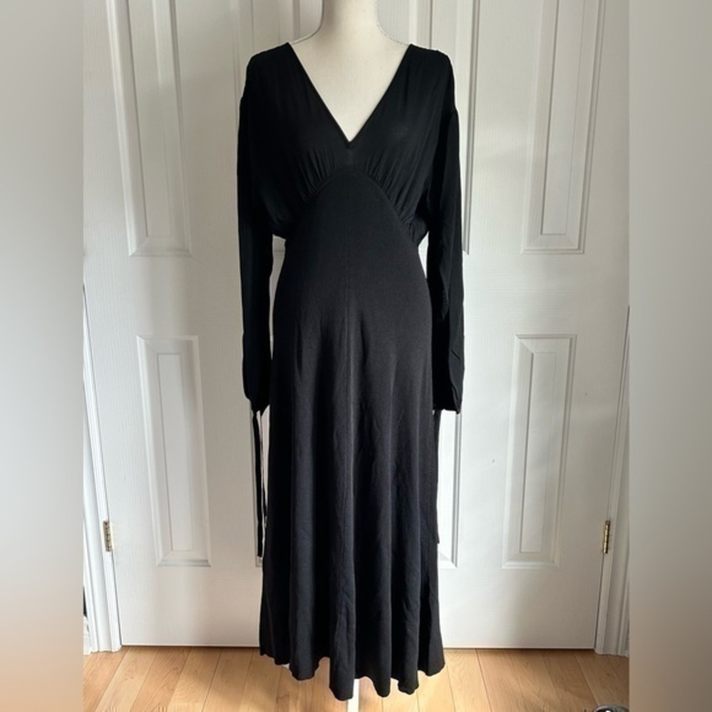 NWT ZARA Long Black Dress, Pleated at Waist, V Collar, Size Small
